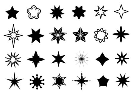 Star shapes set. Different stars black silhouettes, christmas sparkle geometric symbols and sheriff star isolated vector collection. Illustration star spark, magic decoration christmasのイラスト素材