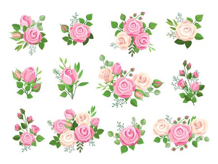 Rose bouquets. Red, white and pink roses, flower elements with green leaves and buds. Watercolor wedding floral romantic vector decor. Floral leaf blossom, bouquet wedding summer illustrationのイラスト素材