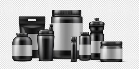 Sport food containers. Vector protein powder container and plastic drink bottles isolated on transparent background. Illustration container bottle, mockup jar and pack with protein powderのイラスト素材