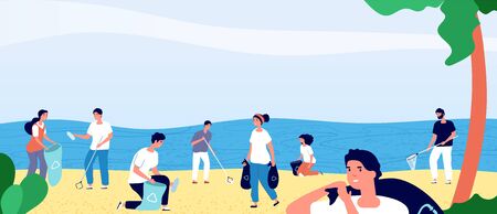 People collecting garbage on ocean beach. Volunteers cleaning environment nature. Ecology and clean planet vector cartoon concept. Volunteer collecting garbage and trash illustrationのイラスト素材