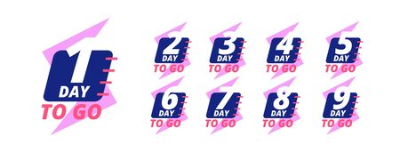 Days to go badges. Countdown sale labels with day left numbers. Product promotion, big deal offer vector stickers set. Number countdown day, left time to go illustrationのイラスト素材