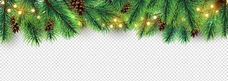 Christmas border. Holiday garland isolated on transparent background. Vector Christmas tree branches, lights and cones. Festive banner design. Christmas branch coniferous garland border illustration