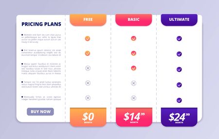 Pricing tab. Web pricing table, price list page. Comparison menu of finance services, tabbing checklist business vector template. Illustration price tab, comparison page hosting, interface planのイラスト素材
