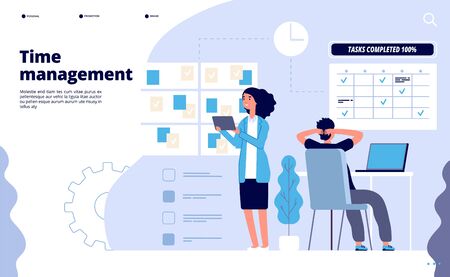 Effective time management. Business planning, office teamwork solution. Perfect priority scheduling app vector landing page template. Teamwork management, office work strategy time illustrationのイラスト素材