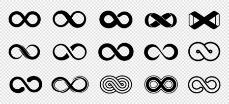 Loop symbols. Infinity vector icons set. Black mobius loop collection. Curve endless, infinity and eternity, unlimited future icon illustrationのイラスト素材