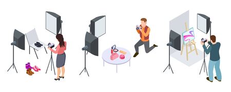Commercial photography. Isometric photographers, photography of cosmetics, shoes, art equipment. Photography cosmetics and subject for trade illustrationのイラスト素材