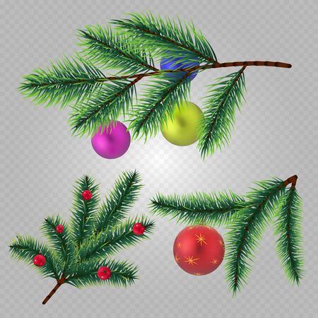 Vector realistic christmas fir tree branches with balls and berries isolated on transparent background. Christmas tree branch evergreen, glitter light toys illustrationのイラスト素材
