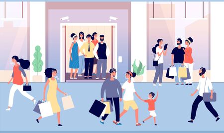 People recognition in crowd. Guys are recognized by modern face identification software, cctv camera in hall elevator. Vector concept. Illustration identification face technology, recognize peopleのイラスト素材