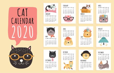 Cat calendar. 2020 monthly planner with cute cartoon cats. Funny kittens design vector calendar template. Illustration monthly organizer and year calendarのイラスト素材