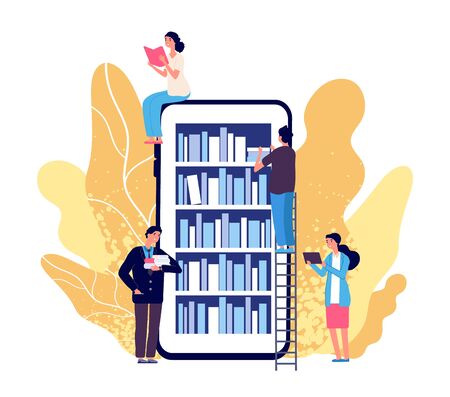 Online library. People reading books. Vector smartphone with reader app. Online book store, library and education flat concept. Illustration education book app, digital bookshelf for studentsのイラスト素材