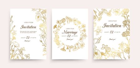 Wedding invitation cards. Floral wedding flyers with wildflowers. Hand drawn gold flowers vintage invitations template. Wedding invitation card, illustration botanical flyerのイラスト素材