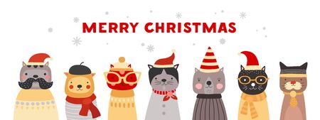Christmas cats. Cute kittens in santa hats, winter headwear and glasses. Happy xmas pets vector greeting card. Illustration kitten christmas, holiday pet in celebration scarfのイラスト素材
