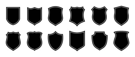 Police badge shape. Vector military shield silhouettes. Security, football patches isolated on white background. Illustration shield shape protection, black security and football badgeのイラスト素材
