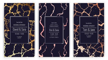 Wedding invite. Gold marble flyers. Vector invitation, banners template with golden cracks. Illustration wedding card invitation, modern flyerのイラスト素材