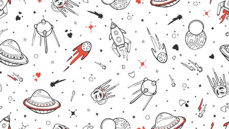 Space pattern. Vector kids seamless texture with doodle rocket, planet, stars. Space, Universe...