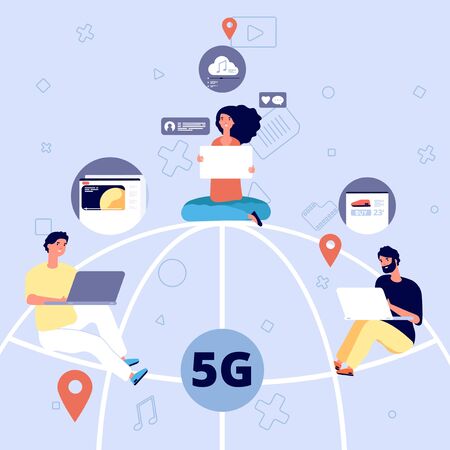 5g. People on globe with devices with 5g mobile internet, speed broadcasting and wireless network....