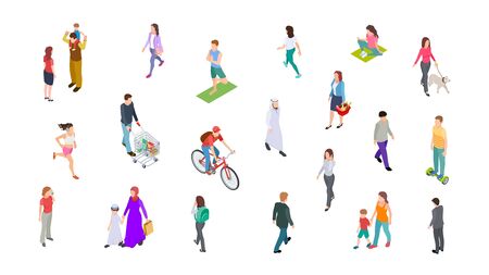 Different people. Isometric persons, kids, men, women. 3d vector active people walk, businessman, athletes isolated on white background. Woman and man walk, run and ride illustrationのイラスト素材
