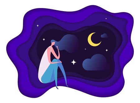 Insomnia problem. Fatidue, sleep disorder concept. Sleepy woman vector character. Problem sleepless, woman no sleep, tired and exhausted illustrationのイラスト素材