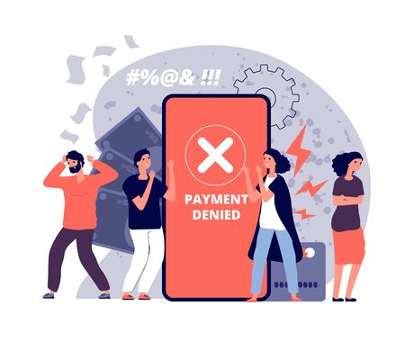 Payment error. Online card payments money transfer, check and reject web finances payment, customer cross marks failure vector concept. Illustration online card payment screen, transfer money errorのイラスト素材