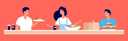 Reataurant staff. Fast food workers with dishes and drinking. Vector cafe team characters, take away coffee. Service staff worker in fast food cafe or restaurant illustrationのイラスト素材