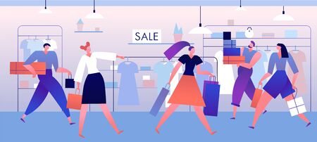 Clothing store. Shopping people with boxes and bags inside fashion outlet, boutique. Fashionable clothes xmas big sale vector conceptのイラスト素材