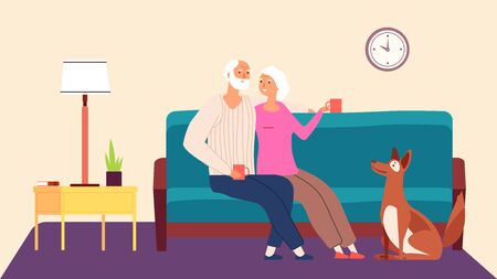 Elderly couple. Hygge family evening vector concept. Old man woman dog in living room. Illustration grandfather and grandmother with petのイラスト素材