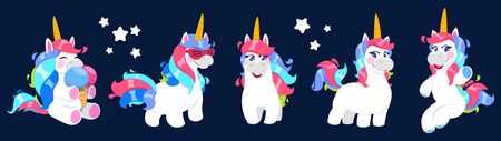 Funny unicorn. Vector cartoon unicorn collection. Cute white magic pony with colorful tails. Funny animal unicorn, happy cartoon magic character illustrationのイラスト素材
