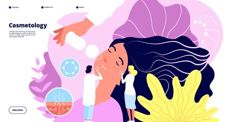 Cosmetology concept. Facelift, epidermidis treatment and diagnostic, plastic surgery. Beauty and care landing page web vector design. Cosmetology diagnostic, plastic surgery page illustrationのイラスト素材