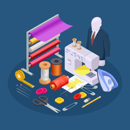 Textile industry composition. Isometric sewing vector. Sewing workshop collection. Illustration sewing and tailoring, workshop machine and equipment for handmadeのイラスト素材