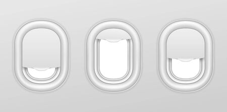 Airplane windows. Aircraft interior with transparent portholes. Realistic airplanes illuminators vector isolated set. Aircraft flight, travel and trip, aviation airplane, porthole window illustrationのイラスト素材