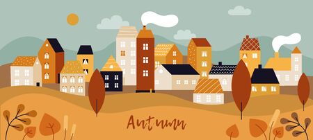Autumn city landscape. Fall season panorama with simple cute houses and, trees and plants with yellow leaves. Minimal town vector background. Illustration plant, scene autumn season, outdoor fall treeのイラスト素材