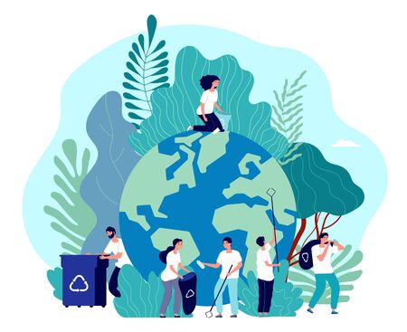 Take care of earth. Environmental protection, people saving planet, green energy ecosystem, volunteer ecologists, flat vector concept. Illustration voluntary collect plastic, nature environmentのイラスト素材