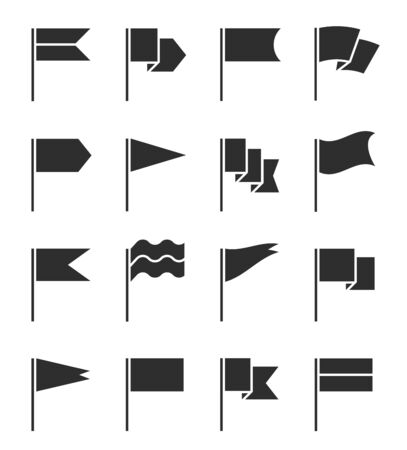Flag icons. Pennant with flagpole, black silhouette destination banners. Gps location pin map markers, start and finish signs vector set. Flag pole for gps, marker start silhouette illustrationのイラスト素材