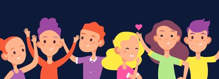 Happy kids background. Children laugh, wave hands. Cute joking children boys and girls flat vector illustration. Happiness childhood, joy and fun kids expressionのイラスト素材