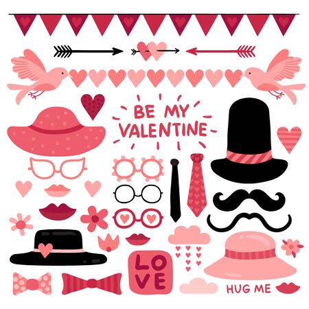 Valentines day photo booth props. Pink love wedding scrapbook elements, lips and mustaches. Glasses, tie and red heart vector selfie quotes. Heart props and pink cute valentine photobooth illustrationのイラスト素材