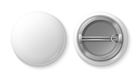 Button pin badge. White blank badge mockup. Realistic vector 3d pin button. Illustration pin button badge, label emblem plasticのイラスト素材