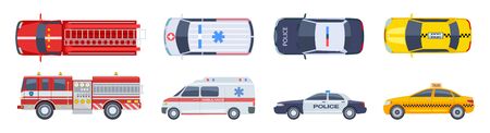 Vehicle set. Transport top view. Police car ambulance fire engine taxi vector flat isolated. Urban special transport icons. Illustration automobile top, taxi and police, auto and ambulanceのイラスト素材