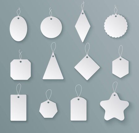 Tags labels. White paper empty price tag with string in different shapes. Mockups for christmas gifts isolated vector templates. Hang blank tag for sale price, gift shape label illustrationのイラスト素材