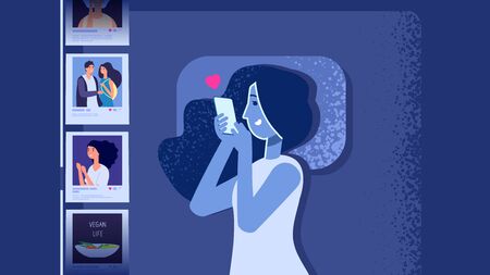 Gadget addiction problem. Flat girl in bed with smartphone. Woman looking social media photos night...