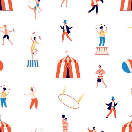 Circus seamless pattern. Freak show vector background. Clown and magician, juggler and balancer and gymnast characters. Circus carnival, clown performance, entertainment performer illustrationのイラスト素材