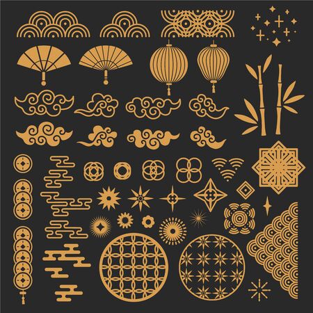 Chinese new year elements. Golden asian traditional pattern, cloud and decorative flower. Oriental lantern, bamboo stem and fan vector set. Traditional decoration oriental, golden pattern illustrationのイラスト素材