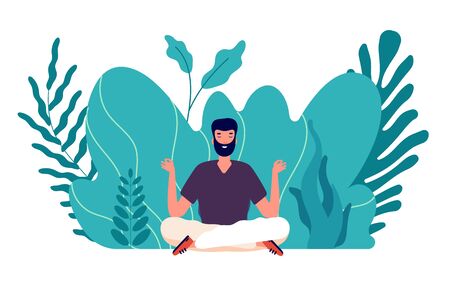 Meditation concept. Man healed, energy balance and find harmony life. Male zen, health and wellbeing. Focus on business idea vector illustration. Balance and harmony pose, health relax yogaのイラスト素材