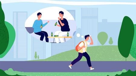 Hangover concept. Guy after party walking to office in morning. Man hangover syndrome vector illustration. Tired adult sad person desirous rest. Morning hangover way to workのイラスト素材