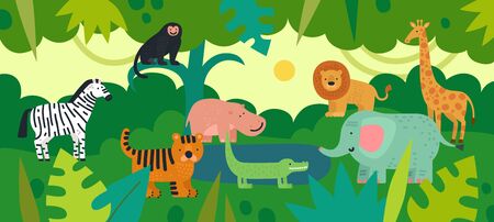 Jungle with animals. Zebra, monkey and hippo, tiger and crocodile, elephant and lion, giraffe with...