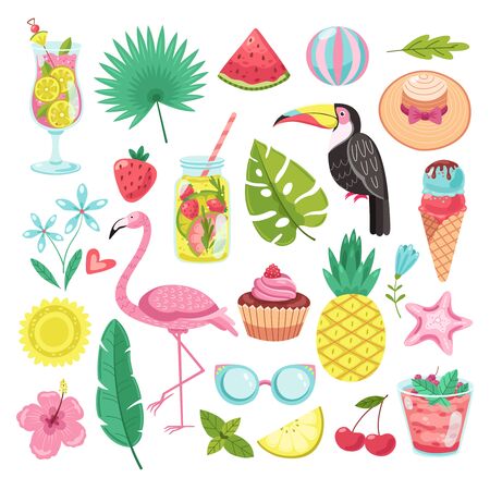 Summer elements. Tropical vacation stickers. Flamingo, ice cream and pineapple, leaf and cocktail, parrot and beach hat, starfish vector set. Illustration flamingo and watermelon, palm and fruitのイラスト素材