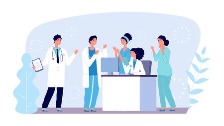 Medical consultation concept. Doctors characters. Vector hospital team, diagnostics, medical meeting. Medical team, medicine clinic illustrationのイラスト素材