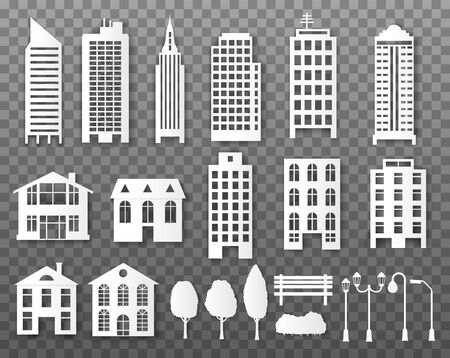 Paper buildings. Origami papercut city houses. Cardboard skyscrapers with lanterns, trees and benches, bushes. White urban vector elements with shadows. Illustration papercut, skyscraper and treesのイラスト素材