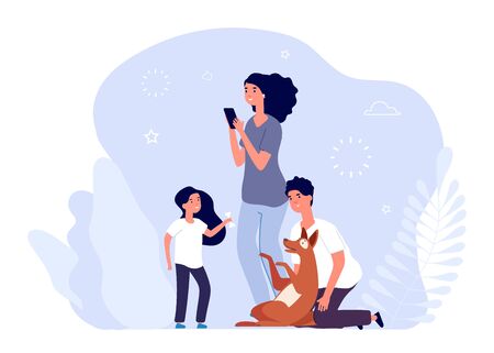 Pet owners. Happy family with dog. Mother father daughter and animal vector illustration. Owner and pet dog, man and womanのイラスト素材