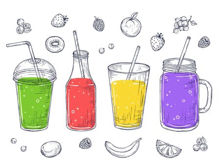 Smoothies. Fruit healthy juice, sketch drinks. Doodle green beverage, detox fresh cocktails and lemonade. Vector isolated diet shakes set. Fruit juice healthy drink, smoothie fresh shake illustrationのイラスト素材
