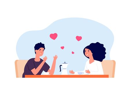 Date in cafe. Friends drinking coffee, conversation girl and man. People talking on business lunch. Couple in love vector illustration. Couple conversation and drink tea or coffeeのイラスト素材